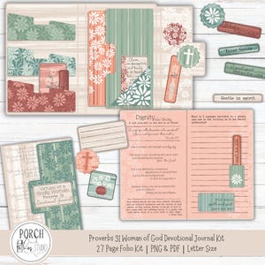 Puede incluir: Un kit de diario devocional con un diseño floral en tonos de rosa, verde y blanco. El kit incluye un folio, páginas de diario y elementos decorativos con citas religiosas y un símbolo de cruz. El texto dice "Proverbios 31 Mujer de Dios Kit de diario devocional".