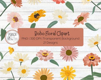 May include: A collection of watercolor floral clipart in various colors, including yellow, pink, and orange, with green leaves. The image includes the text "Boho Floral Clipart" and "21 Designs" on a brown background.
