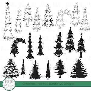 May include: A collection of 20 Christmas tree designs in black and white. The trees vary in style, from simple outlines to detailed silhouettes, some with star toppers. The text "Christmas Tree SVG Bundle | 20 Designs" is included.