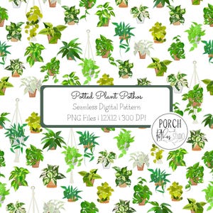 Może przedstawiać: Bezszwowy wzór cyfrowy przedstawiający różne rośliny Pothos w doniczkach w odcieniach zieleni i bieli, niektóre zawieszone w makramowych donicach. Projekt zawiera tekst "Potted Plant Pothos" i "PNG Files | 12X12 | 300 DPI".