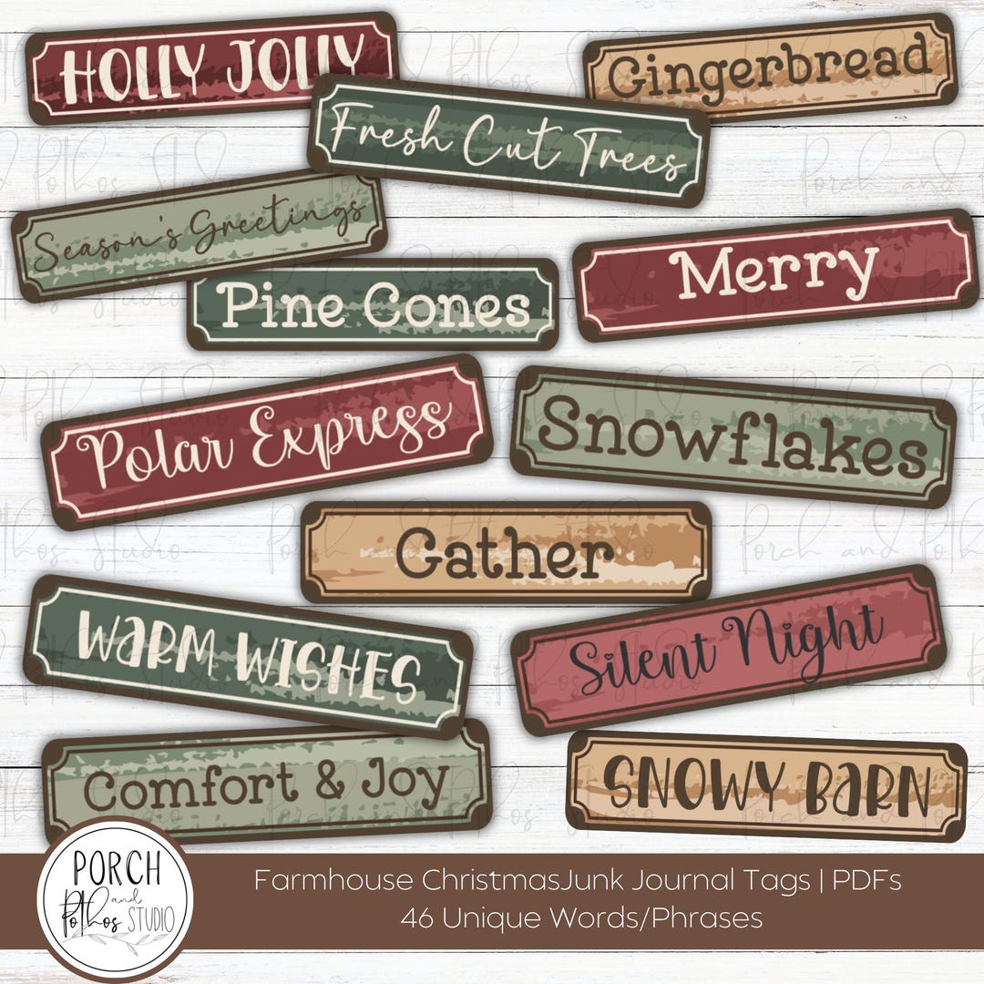Winter Rustic Labels Farmhouse Christmas Junk Journal Labels | Rustic Holiday Word Strips ...