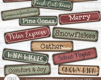 Farmhouse Christmas Junk Journal Labels | Rustic Holiday Word Strips PDF | Printable Scrapbooking Tags and Ephemera