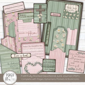 May include: A collection of devotional junk journal elements in shades of pink and green. Includes tags, pockets, and cards with floral patterns, stripes, and inspirational quotes like "Love is kind" and "This day is His."