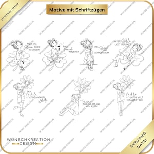 May include: A set of black and white line drawings with figures and floral motifs, each accompanied by motivational phrases. The illustrations include text like "May happiness always be with you." Ideal for crafting and design projects.