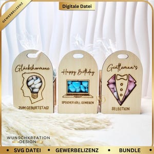 May include: Three wooden gift boxes with arched tops. The boxes have cut-out designs and text: "Glückshormone", "Happy Birthday", and "Gentleman's". The boxes are filled with candies and wrapped in cellophane.