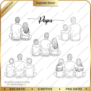 Könnte beinhalten: Schwarz-weiße digitale Kunst mit einem Vater und Kindern in verschiedenen Anordnungen. Das Wort "Papa" ist über den Bildern geschrieben. Das Design enthält den Text "Digitale Datei", "SVG Datei", "5 Motive" und "PNG Datei".