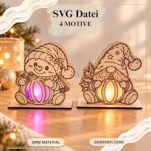 Könnte beinhalten: Zwei helle Holzausschnitte, die einen Schneemann und einen Wichtel zeigen, die jeweils eine Kugel halten. Die Kugel des Schneemanns leuchtet violett, die des Wichtels gelb. Der Text oben lautet SVG Datei 4 MOTIVE.