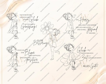 May include: A digital file bundle featuring black and white line art illustrations of a girl in various poses with flowers and clover. The text includes German phrases like Ich schicke dir ein Päckchen voller Glück, Gute Besserung, and Glück ist wenn man sich Zeit zum heilen nimmt.