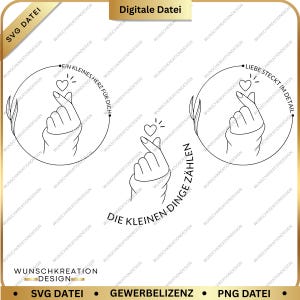 Könnte beinhalten: Drei schwarze Strichzeichnungen einer Hand, die ein Fingerherz formt, mit einem kleinen Herz darüber. Die Designs enthalten die deutschen Texte Ein kleines Herz für dich, Liebe steckt im Detail und Die kleinen Dinge zählen.
