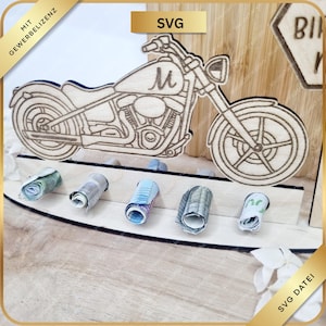 Arquivo digital SVG Chopper – Motocicleta Clássica – Presente Retrô em Forma de Dinheiro | Suporte de Madeira com Gravação | Aniversário | 16, 18 | Notas Bancárias