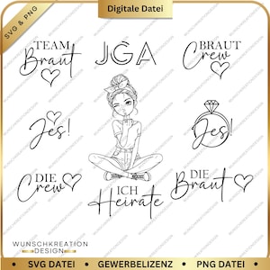 May include: A black and white digital design with a winking woman and text elements such as "Team Braut," "JGA," "Braut Crew," and "Ich Heirate." The design includes hearts and a diamond ring.
