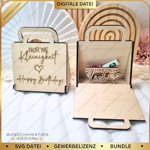 Laser-cut SVG gift bag with message | Money gift packaging for birthdays, Valentine's Day, and weddings | Interchangeable fronts | Laser-cut bundle