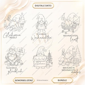 Könnte beinhalten: Ein digitales Dateibündel mit sechs schwarz-weißen Strichzeichnungen von Gnomen mit Weihnachtsmotiven. Der Text umfasst 'GLÜHWEIN REGELT', 'ICH HASSE WEIHNACHTEN', 'WEIHNACHTEN LÄUFT', 'GLÜH MICH GLÜCKLICH', 'ho ho ho! MIR NOCH EIN GLÜHWEIN' und 'BIN KURZ IN WEIHNACHTS-MODUS'.
