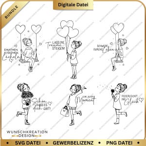 Può includere: Un pacchetto di arte digitale con sei illustrazioni in bianco e nero di una donna in varie pose. Tiene in mano palloncini, fiori e una borsa. Ogni immagine ha una citazione ispiratrice. Sono presenti anche le parole "Bundle", "Digitale Datei" e "Wunschkreation Design".