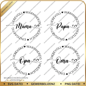 Può includere: Un design grafico digitale che presenta quattro disposizioni di testo circolari nere. Ogni cerchio contiene le parole tedesche LIEBEVOLL, WARMHERZIG, HERZLICH ed EINZIGARTIG, con i nomi Mama, Papa, Opa e Oma in carattere corsivo.