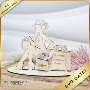 SVG Laserdatei Geldgeschenk | DIY Holzaufsteller mit Gravur | Personalisierbar | Geburtstag | Shopping | Vorlage für Frauen, Mama, Freundin