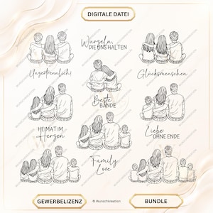 Handgetekende SVG- en PNG-bundel van een gezin | Illustraties van mama, papa en kinderen + spreuken | Motieven van familieliefde | Laserbestanden | Cadeau-idee voor thuis