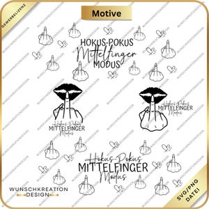Könnte beinhalten: Ein digitales Design mit mehreren Mittelfinger-Illustrationen, Herzen und dem Text "Hokus-Pokus Mittelfinger Modus". Das Design beinhaltet ein Lippenpaar mit einem Finger an den Lippen. Das Design ist in Schwarz und Weiß.