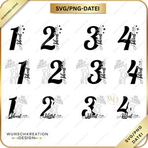 Può includere: Numeri 1, 2, 3 e 4 del calendario dell'Avvento in bianco e nero, con vari design. Alcuni design includono sagome di renne e la parola "Advent" in corsivo. L'immagine contiene anche il testo "SVG/PNG-DATEI" e "WUNSCHKREATION DESIGN".