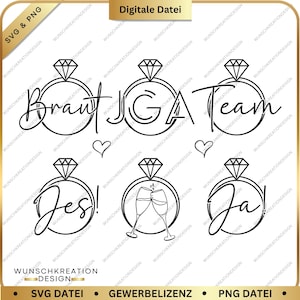 Puede incluir: Diseño digital en blanco y negro con gráficos de anillos de diamantes y texto. El texto incluye "Braut", "JGA", "Team", "Jes!" y "Ja!", junto con copas de champán y corazones. El diseño también incluye el texto "SVG & PNG" y "Digitale Datei".