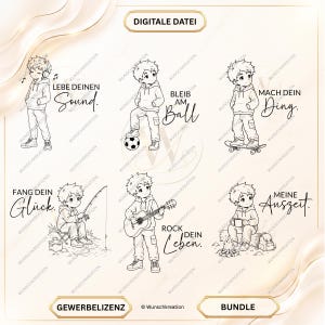 Peut inclure: Un ensemble de fichiers numériques comprenant six illustrations au trait noir et blanc d'un garçon en sweat à capuche. Le texte inclut LEBE DEINEN SOUND, BLEIB AM BALL, MACH DEIN DING, FANG DEIN GLÜCK, ROCK DEIN LEBEN et MEINE AUSZEIT. Les images montrent des activités comme la musique, le football, le skateboard, la pêche, la guitare et le camping.