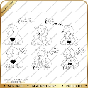 Könnte beinhalten: Eine Sammlung von Schwarz-Weiß-Strichzeichnungen, die eine Löwenfamilie darstellen. Jedes Design zeigt einen Löwenelternteil mit ein oder zwei Jungen, mit dem Text "Bester Papa" und Herzakzenten. Die Designs sind für SVG- und PNG-Dateien.
