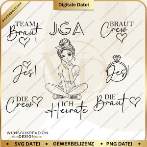 May include: A digital design sheet featuring black line art illustrations and text including Team Braut, JGA, Braut Crew, Jes!, Die Crew, Ich Heirate, and Die Braut. A central illustration shows a person with a hair bow winking and sitting cross-legged.