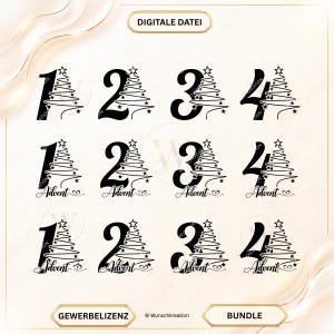 Könnte beinhalten: Ein digitales Dateibündel mit schwarzen Grafikdesigns der Zahlen eins bis vier, jeweils integriert mit einer stilisierten Weihnachtsbaumsilhouette, die mit Sternen verziert ist. Einige Designs enthalten das Wort Advent in Schreibschrift.