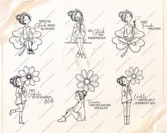 May include: A digital file bundle featuring six black and white line art illustrations of a person with a bun hairstyle interacting with flowers and four-leaf clovers, accompanied by German text phrases including MÖGE DAS GLÜCK IMMER BEI DIR SEIN.