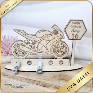SVG Laserdatei Motorrad Geldgeschenk | DIY Holzaufsteller mit Gravur | Personalisierbar | Geburtstag | 16. 18. | Gewerbelizenz | Jugendweihe