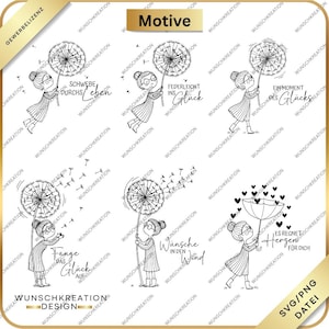 Könnte beinhalten: Eine Sammlung von Schwarz-Weiß-Illustrationen, die eine Frau mit Brille und einen Löwenzahn zeigen. Jedes Bild enthält einen deutschen Satz. Die Illustrationen sind in einem skurrilen Stil gehalten und konzentrieren sich auf Themen wie Glück und Wünsche.