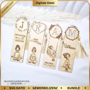 SVG Laserdatei Lesezeichen Bundle | 5 handgezeichnete Frauen Motive & 10 Sprüche | Lineart Bookmark | Alphabet Initialen | Laserdatei