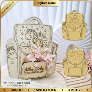 Könnte beinhalten: Holz-Schulrucksack-Design mit Einhorn, Regenbogen und Text "Alles Liebe ZUR EINSCHULUNG". Enthält drei SVG-Dateien und drei Motive. Geeignet für Laserschneiden oder Gravieren.