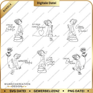 Pode incluir: Um pacote digital com seis ilustrações em preto e branco de uma menina em várias poses. Cada imagem inclui texto em alemão, como "Ein Kuss für die Seele" e "Lass das Leben blühen". As ilustrações são em estilo de linha.