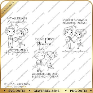 May include: Black and white cartoon illustrations of couples in various romantic poses. Each image includes German text, such as "Ich liebe dich mehr, als du mich nervst" and "Bist du mein Herzensmensch."
