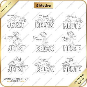 Può includere: Una collezione di nove illustrazioni in bianco e nero con le parole "JETZT", "RELAX" e "HEUTE". Ogni immagine presenta una persona in varie pose rilassanti, con frasi come "Respira", "Rilassati" e "Rilassati". Il design include il testo "9 Motive".
