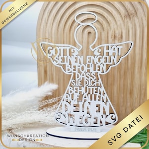 Ange SVG et PNG avec le verset biblique Psaume 91:11 | Fichier traceur et gabarit découpé au laser | Cadeau pour baptême, communion, confirmation
