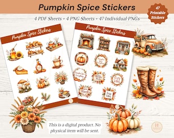 Stickers aquarelle citrouille épicée : agenda d'automne confortable, carnet de notes (PNG, PDF)