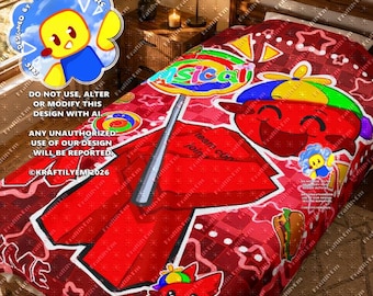 May include: A red patterned bedspread featuring a large central graphic of a cartoon character with a yellow and green hat, a lollipop, and a sandwich. The design includes repeating star shapes and the text "team cool" in a bold, dark font.