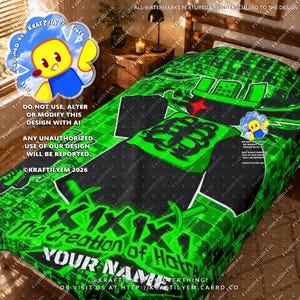 Neon green and black plush blanket featuring the Forsaken character 1x1x1x1. The design highlights the iconic blocky avatar with a glowing red eye, a domino crown, and green skeleton ribs against a hacker matrix code background. Bold text reads "1x1x1x1 The Creation of Hatred" above customizable text reading "YOUR NAME", showing where a buyer's personalized name goes. A soft fleece throw blanket with a dark digital aesthetic, ideal as custom gamer room decor and Roblox gift.