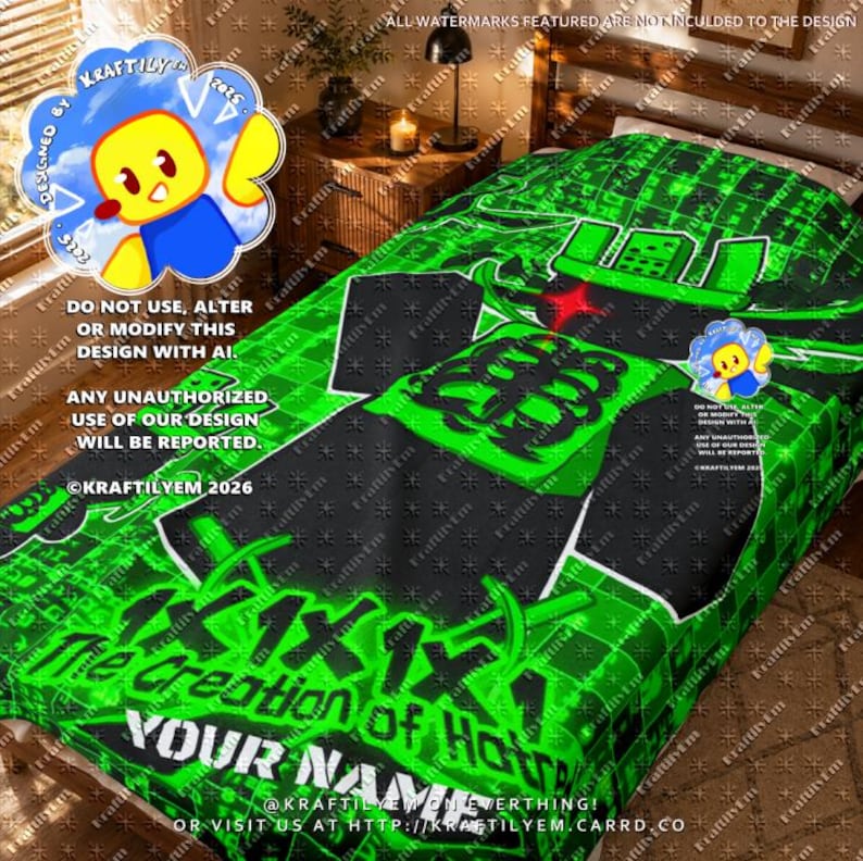 Neon green and black plush blanket featuring the Forsaken character 1x1x1x1. The design highlights the iconic blocky avatar with a glowing red eye, a domino crown, and green skeleton ribs against a hacker matrix code background. Bold text reads "1x1x1x1 The Creation of Hatred" above customizable text reading "YOUR NAME", showing where a buyer's personalized name goes. A soft fleece throw blanket with a dark digital aesthetic, ideal as custom gamer room decor and Roblox gift.