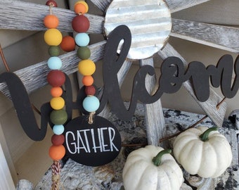 GATHER | Farmhouse | Rustic FALL Wood Garland THANKSGIVING Holiday Harvest Beads