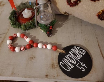 Holiday | RED White Wood Bead Garland Door Tag Hanger | Candy Canes | Christmas XMAS WINTER