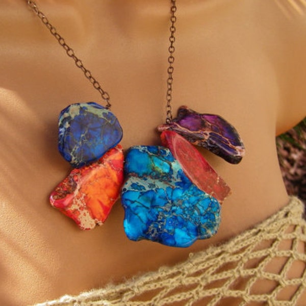 Multi Color Block Bib Necklace. Variscite Imperial Jasper Slab Colorful Autumn Statement Necklace.