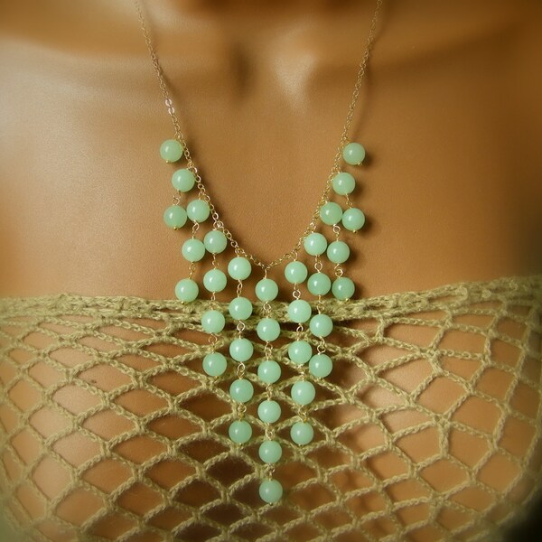 Seafoam Statement Necklace - Beaded Necklace - Seafoam Chalcedony Bib Necklace