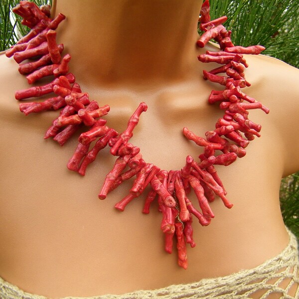 Red Coral Branch Statement Necklace - Coral Bib Necklace