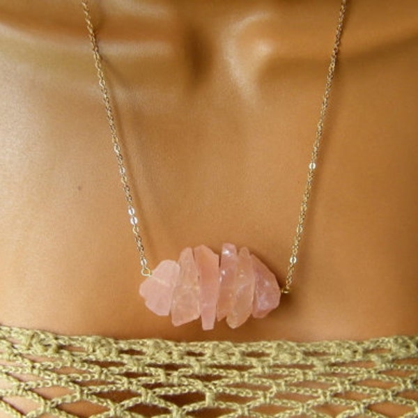 Raw Pink Rose Quartz Necklace. Raw Stone Necklace - Statement Necklace