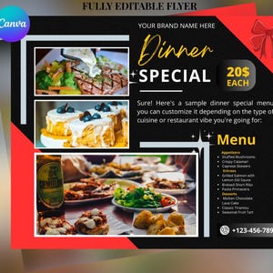 Edytowalna ulotka specjalna na kolację • Szablon promocji restauracji • Wydrukowalny znak menu dziennego • Natychmiastowe pobranie • Szablon Canva