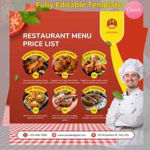 Ulotka cennika menu restauracji | Szablon menu do druku | Edytowalny projekt menu restauracji do druku | Ulotka specjalnego menu szefa kuchni