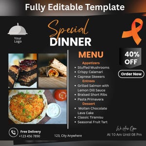 Folleto especial de cena / Plantilla de menú de restaurante editable / Promoción de comida imprimible